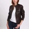 Lee Cooper Leather Jacket With Round Collar - 2 Zipped Side Pockets - - Veste En Cuir - Brown